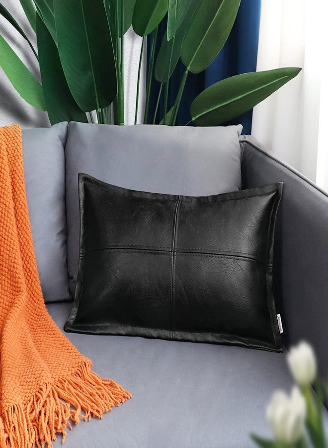BRAWARM Black Leather Throw Pillow 12 X 20 Inches, Faux Leather Pillow Cover with Piping, Hand Stitched Decorative Lumbar Throw Pillow Covers for Couch Sofa Bed Living Room Garden - Image 2